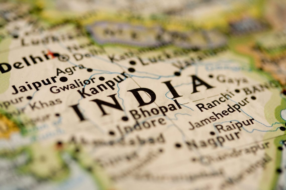 A map showing northern and central India with cities such as Delhi, Jaipur, Kanpur, and Bhopal.