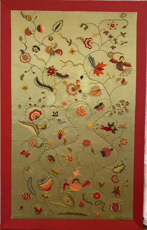 Refurbished antique embroidery Aged antique silk embroidery with scrolling floral and bird motifs.