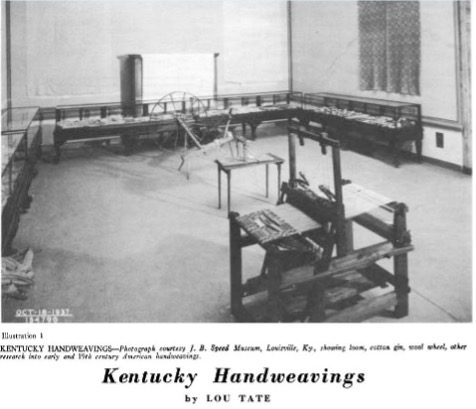 Black and white image of article titled "Kentucky Handweavings" showing a weaving studio with large looms arranged around the room at the Kentucky's Little Loomhouse.
