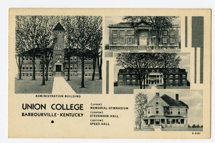 Old black and white photo of Union College buildings, showing four buildings and name of school and location Barbourville Kentucky.