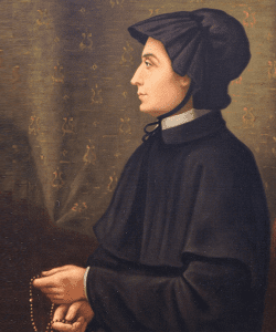 Portrait of Mother Elizabeth Ann Seton wearing a black bonnet.
